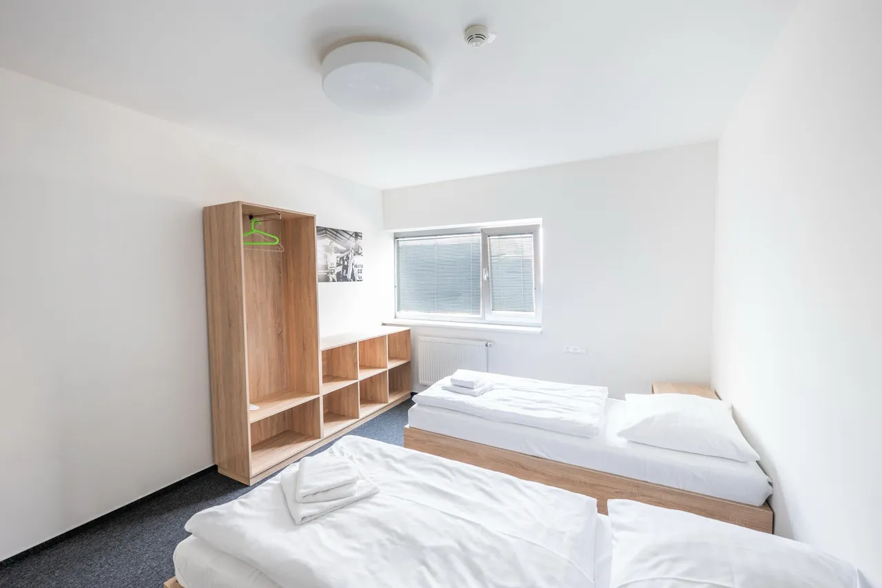 Hotel room with two beds